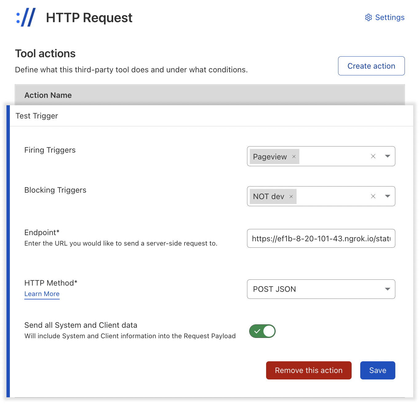 Screenshot of the HTTP Request tool action setup with a 'dev ONLY' blocking trigger